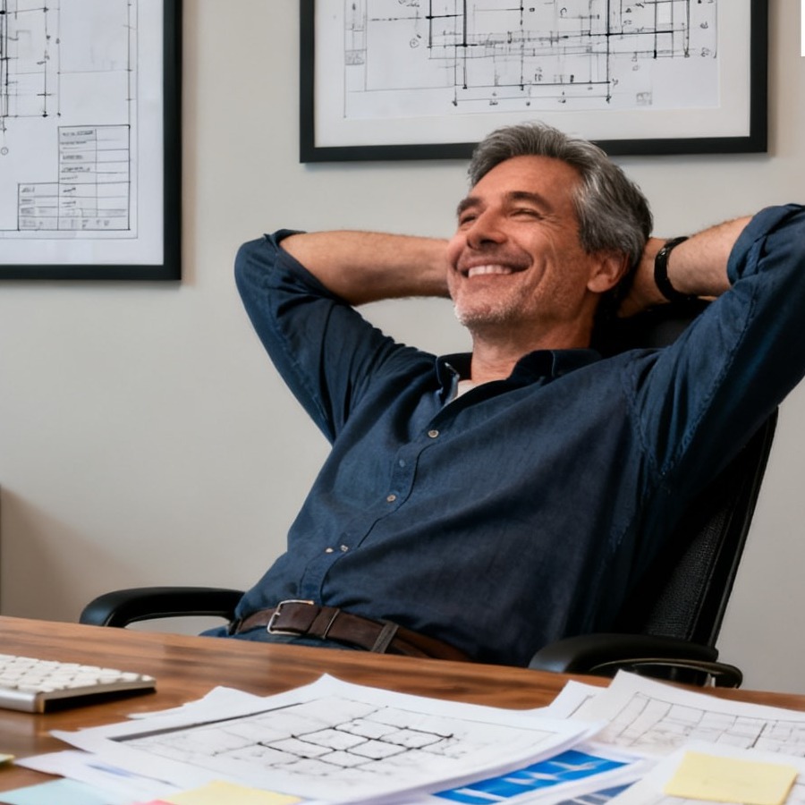 Engineer relaxed with blueprints